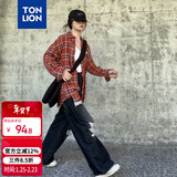 唐狮（TonLion）2024格子衬衫女宽松长袖休闲衬衣百搭通勤上衣 南瓜红 S