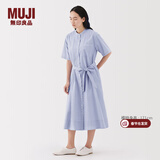 MUJI女式 凉感 短袖衬衫连衣裙女装裙子纯棉25年夏季长裙 萨克森蓝条纹 M (160/84A)