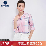 Navigare意大利小帆船女士长袖衬衫春秋季休闲格子衬衣莱赛尔高档寸衫 洋红/白 M