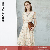 颜域蕾丝碎花连衣裙2024夏装新款女士气质短袖V领洋气印花裙子 花色1 L/40