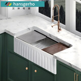 hansgerho美式陶瓷水槽抗菌厨房洗菜盆大单槽双槽开放式大尺寸洗碗池 条纹单槽36寸【阶梯款】