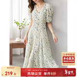 尚都比拉夏季法式碎花连衣裙泡泡袖茶歇裙气质女神范裙子 杏底蓝花 S 