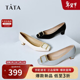 他她女鞋粗跟单鞋真皮方头休闲鞋高跟浅口鞋子7YO01AQ4 黑色 35