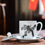 千红窑醴陵中式手绘带碟办公茶杯陶瓷水杯带盖会议杯杯子定制礼品LOGO 墨松单杯