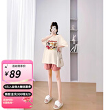 婧麒孕妇装夏装上衣短袖棉宽松T恤短裤遮肚子可爱印花套装大码韩版 【公主】奶茶色T恤+粉色短裤 XL
