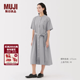 MUJI女式 凉感 短袖衬衫连衣裙女装裙子纯棉25年夏季长裙 灰色条纹 L (165/88A)