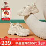 骆驼（CAMEL）老爹鞋女网布皮面拼接双系带厚底休闲鞋 L24S283079 杏色 39