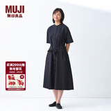 MUJI女式 凉感 短袖衬衫连衣裙女装裙子纯棉25年夏季长裙 黑色 M (160/84A)