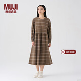 MUJI女式 法兰绒抽褶连衣裙 美拉德纯棉起毛宽松长裙子秋冬 BC08CC3A 褪色米色格纹 XL 165/92A