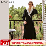 Olrain欧芮儿赫本风连衣裙女秋冬收腰显瘦法式复古拼色翻领长裙 黑色 L 165/88A