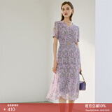 颜域（YANYEE）知性优雅V领印花连衣裙女士淑女裙中长款2024年夏季新款显瘦 紫花 M/38