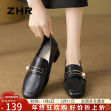 ZHR单鞋女复古方头珍珠扣乐福鞋女粗跟增高两穿显瘦女鞋 K170黑色 35