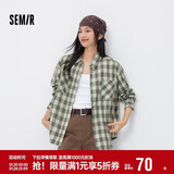 森马（Semir）长袖衬衫女春季中长款oversize翻领落肩格纹女生衬衣101125105007