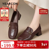 意尔康女鞋中粗跟方头乐福鞋复古英伦风通勤单鞋女 13380W深棕 37