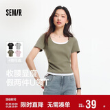 森马（Semir）短袖t恤女短款假两件百搭上衣25夏装显瘦U领套头衫109325100015