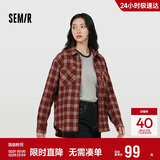 森马（Semir）长袖衬衫女春季中长款oversize翻领落肩格纹女生衬衣101125105007