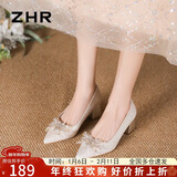 ZHR婚鞋女中式绒面秀禾女鞋2026新款气质新娘鞋子女尖头粗跟单鞋
