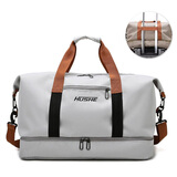 虎社旅行包手提包短途出行男女大容量牛津行李包轻便干湿分离运动健身 浅灰 长肩带+可套拉杆+干湿分离