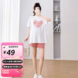 婧麒孕妇装夏装上衣短袖棉宽松T恤短裤遮肚子可爱印花套装大码韩版 T恤【爱心】白色Jwc63767 XL