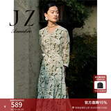 玖姿·安娜蔻印花收腰中长连衣裙女夏款轻薄碎花修身裙子 花纹绿 L
