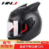 HNJ摩托车头盔男女全盔新3C国标认证四季通用越野机车A1夏季头盔 哑黑色（标配透明片)+哑黑犄角 均码