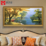 美艺佳天鹅湖纯手绘油画客厅沙发背景墙横幅手工挂画欧式山水风景装饰画 简欧金框 60*90CM