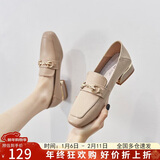 ZHR单鞋女英伦风舒适方头乐福鞋女两穿粗跟透气皮鞋女 K196 杏色 37
