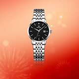 依波（EBOHR）手表女 大师系列简约钢带黑色石英女表节日礼物新年跨年50290420