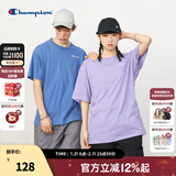 Champion冠军夏季薄短袖纯棉经典胸口印花草写LOGO圆领套头T恤男女情侣 紫色 M