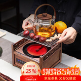 高茗新中式围炉煮茶器具全套装家用室内高端胡桃木电陶炉煮茶炉子茶壶 亭台电陶炉+烤网+素风茶壶 900ml