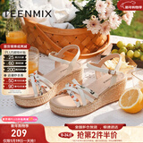 天美意凉鞋女商场同款坡跟编织花朵一字带女鞋COO05BL3 米白 38