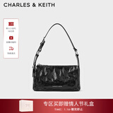 CHARLES&KEITH褶皱油蜡皮斜挎小方包手提包腋下包女士生日新年礼物CK2-80160183 Noir黑色 S