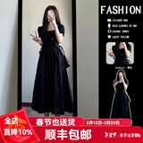 GARNUO法式方领赫本风黑色连衣裙女夏季小个子高级感裙子收腰小黑裙长裙 黑色 S 【80-105斤】