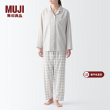 MUJI 女式 无侧缝双层纱织睡衣女士家居服春秋纯棉条纹格纹长袖 女款 浅米色格纹 M (上装160/84A下装160/66A)