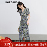 红袖茶歇法式连衣裙夏季新款女装收腰显瘦V领复古轻熟气质碎花雪纺裙 蓝花605 M