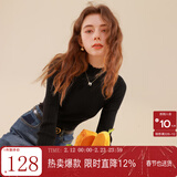 三彩冬款纯色坑条针织衫木耳边半高领修身打底内搭简约女 经典黑 XL