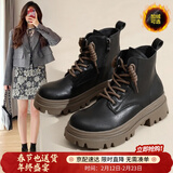ZHR则则马丁靴女英伦风真牛皮舒适百搭厚底增高女靴INS网红街拍加绒短靴 黑色（G631A-加绒） 40