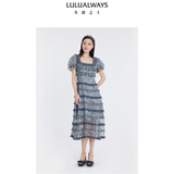 LULUALWAYSLULUALWAYS我爱露露24夏季新款氛围感欧根纱印花蛋糕裙长款连衣裙 蓝色 M