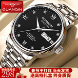 冠琴（GUANQIN）瑞士认证手表男士全自动机械表防水夜光双日历国表商务百搭男表 钻加罗马钢带本黑