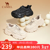 骆驼（CAMEL）老爹鞋女网布皮面拼接双系带厚底休闲鞋 L24S283079R 杏色绒里 38