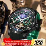 马克华菲（MARK FAIRWHALE）手表男士机械表全自动赛车系列双面镂空国表飞轮夜光防水潮流男表 黑壳绿面胶带款