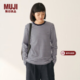 MUJI女式 双罗纹编织 圆领长袖T恤 上衣打底衫女装25年冬季 黑色条纹 M (160/84A)