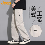 JEEP吉普工装裤男夏季冰丝薄款休闲裤子男士直筒男裤 浅灰 XL