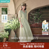 茵曼（INMAN）法式薄荷曼波连衣裙2024夏女装新品V领灯笼袖抽绳 水沫绿 M