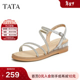 他她（TATA）绝美坡跟凉鞋女外穿一字带时装凉鞋秋季新款7UA03BL4 银色 38