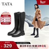 他她（TATA）黑色V口长筒靴女英伦加绒抗寒高筒靴骑士靴冬季G5JA1DG2 黑色（绒里） 36