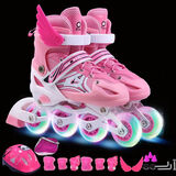 拓呈溜冰鞋儿童全套装成人男女小孩旱冰鞋滑冰鞋轮滑鞋直排轮初学者 背包款-粉色全闪鞋+护具头盔+配件 M （适合平时鞋码32-37码）