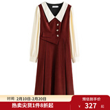 独束大码女装假两件撞色衬衫领连衣裙女秋冬微胖mm文艺复古穿搭裙子 勃艮第红【适合160左右】 XL