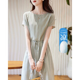 德玛纳（dme）春夏真丝连衣裙高奢桑蚕丝新款圆领连肩真丝直筒女中长裙子