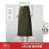 茵曼（INMAN）复古通勤开叉半身裙女百搭舒适全棉中长A字裙子 茶绿色-18518172 XL